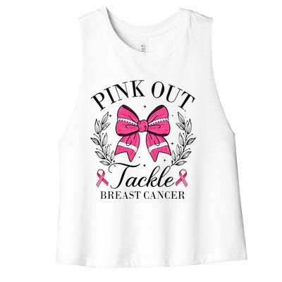 Coquette Bow Football Pin.K Out Tackle Breast Cancer Fight Women's Racerback Cropped Tank