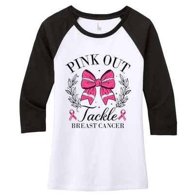 Coquette Bow Football Pin.K Out Tackle Breast Cancer Fight Women's Tri-Blend 3/4-Sleeve Raglan Shirt