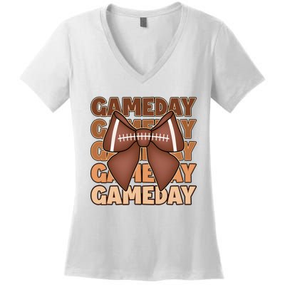 Coqutte Bow Football Game Day Women's V-Neck T-Shirt