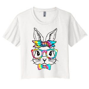 Cute Bunny Face Tie Dye Glasses Headband Easter Day Women's Crop Top Tee