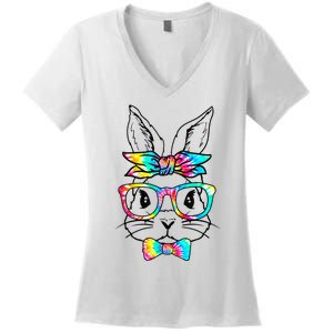 Cute Bunny Face Tie Dye Glasses Headband Easter Day Women's V-Neck T-Shirt