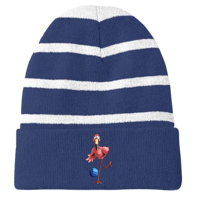 Cool Bowling Flamingo Funny Shorebirds Lover Player Gift Striped Beanie with Solid Band