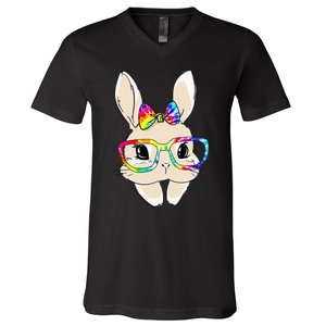 Cute Bunny Face Tie Dye Glasses Easter Day V-Neck T-Shirt