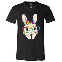 Cute Bunny Face Tie Dye Glasses Easter Day V-Neck T-Shirt