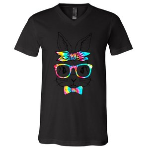 Cute Bunny Face Tie Dye Glasses Headband Happy Easter Day V-Neck T-Shirt