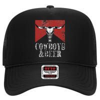 Cow & Beer Funny Vintage Rodeo Bull Horn Western Country High Crown Mesh Back Trucker Hat