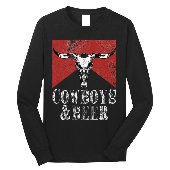 Cow & Beer Funny Vintage Rodeo Bull Horn Western Country Long Sleeve Shirt