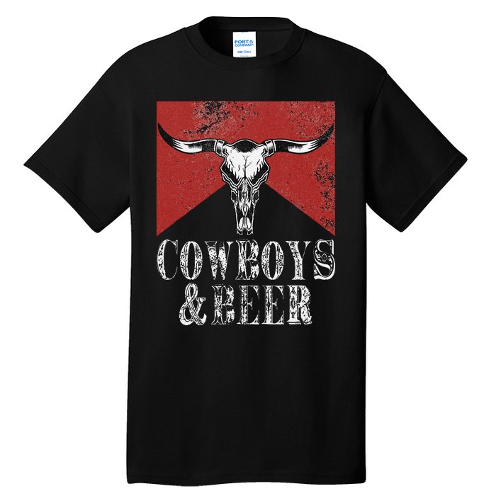 Cow & Beer Funny Vintage Rodeo Bull Horn Western Country Tall T-Shirt