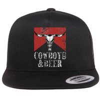 Cow & Beer Funny Vintage Rodeo Bull Horn Western Country Flat Bill Trucker Hat