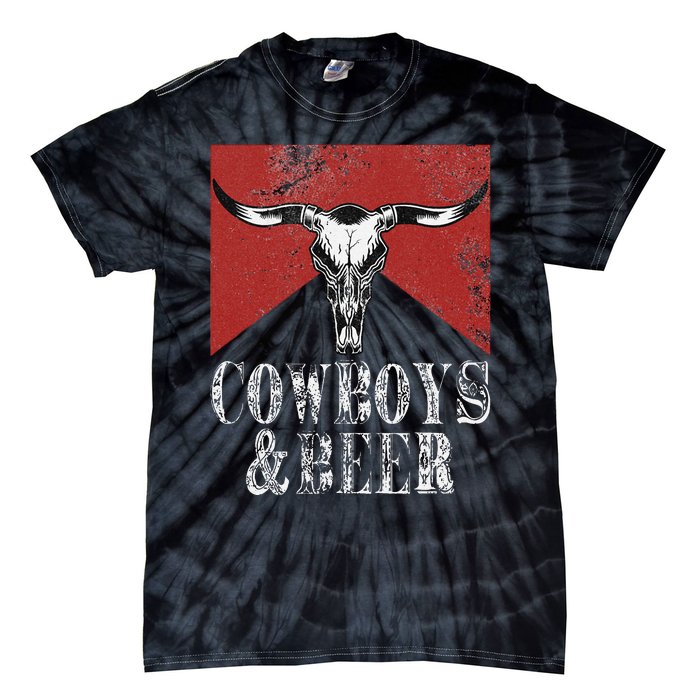 Cow & Beer Funny Vintage Rodeo Bull Horn Western Country Tie-Dye T-Shirt