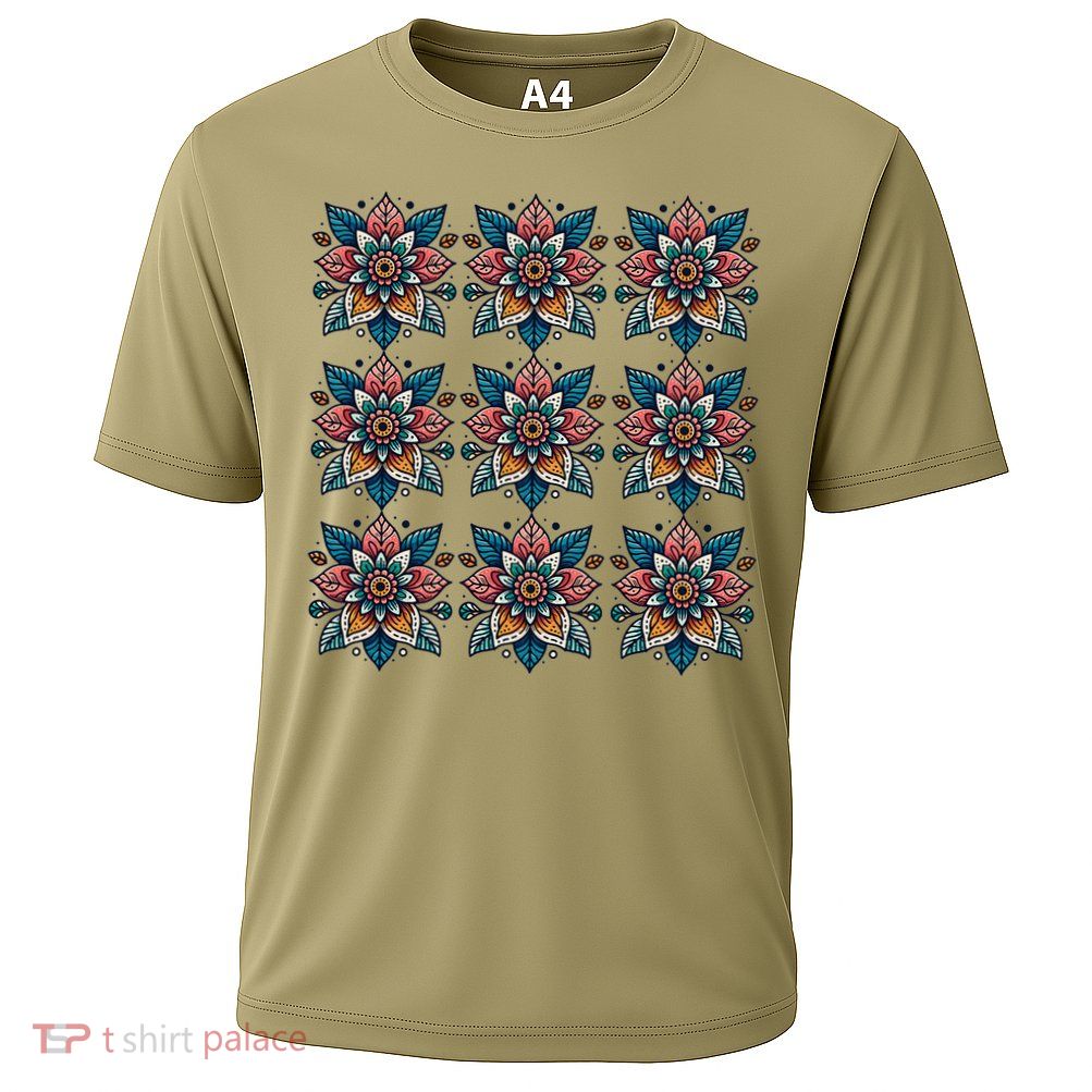 Cute Boho Floral Grid Stylized Flower Graphic Cooling Performance Crew T-Shirt