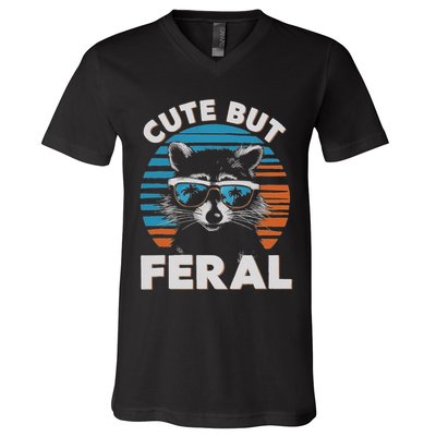 Cute But Feral Raccoon In Sunglasses V-Neck T-Shirt