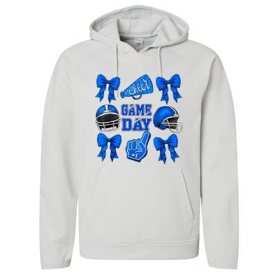 Cheer Blue Football Coquette Bow Football Mom Game Day Performance Fleece Hoodie