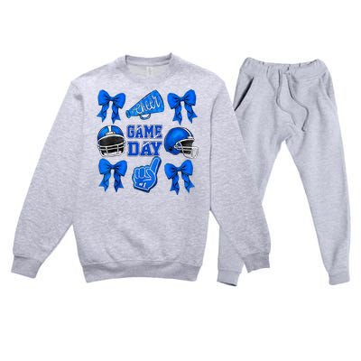 Cheer Blue Football Coquette Bow Football Mom Game Day Premium Crewneck Sweatsuit Set