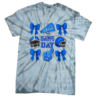 Cheer Blue Football Coquette Bow Football Mom Game Day Tie-Dye T-Shirt