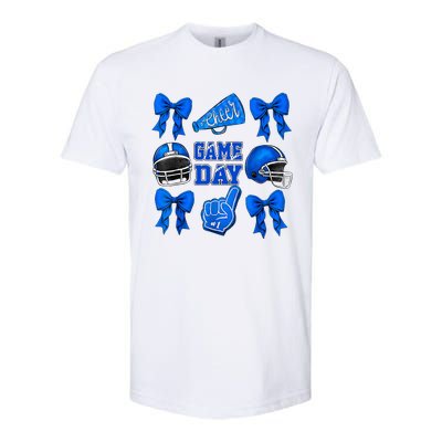 Cheer Blue Football Coquette Bow Football Mom Game Day Softstyle® CVC T-Shirt