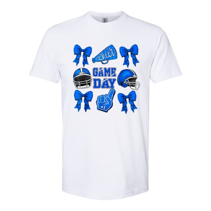 Cheer Blue Football Coquette Bow Football Mom Game Day Softstyle CVC T-Shirt