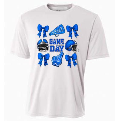 Cheer Blue Football Coquette Bow Football Mom Game Day Cooling Performance Crew T-Shirt