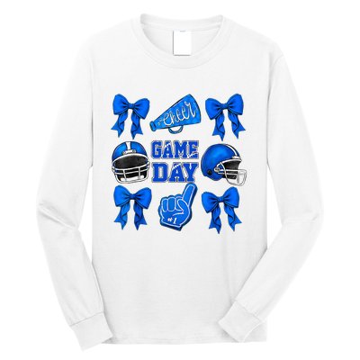 Cheer Blue Football Coquette Bow Football Mom Game Day Long Sleeve Shirt