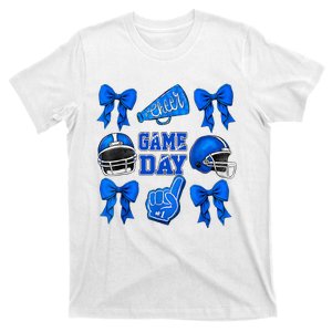 Cheer Blue Football Coquette Bow Football Mom Game Day T-Shirt