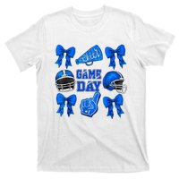 Cheer Blue Football Coquette Bow Football Mom Game Day T-Shirt