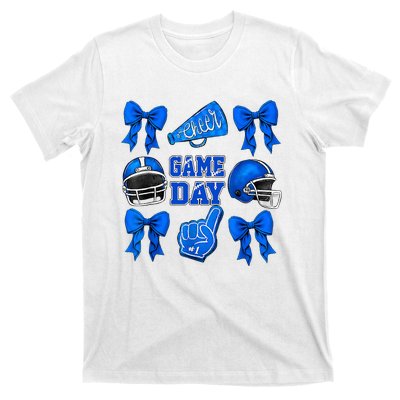 Cheer Blue Football Coquette Bow Football Mom Game Day T-Shirt