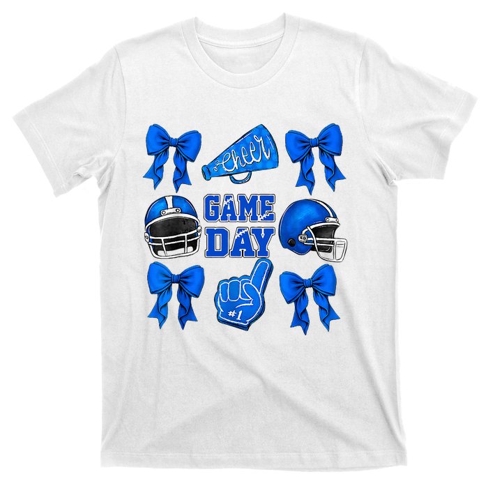 Cheer Blue Football Coquette Bow Football Mom Game Day T-Shirt