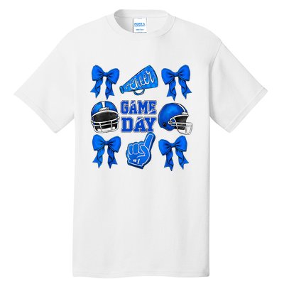 Cheer Blue Football Coquette Bow Football Mom Game Day Tall T-Shirt