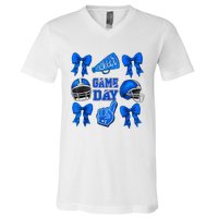 Cheer Blue Football Coquette Bow Football Mom Game Day V-Neck T-Shirt