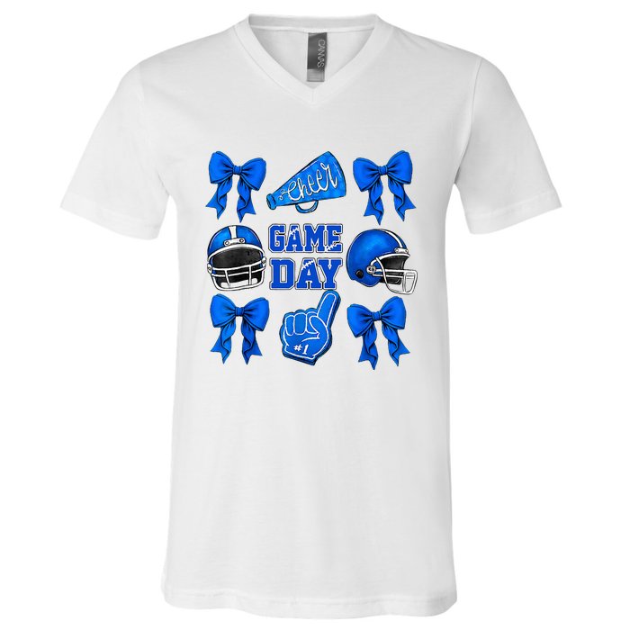 Cheer Blue Football Coquette Bow Football Mom Game Day V-Neck T-Shirt