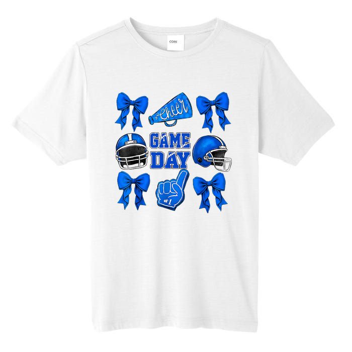 Cheer Blue Football Coquette Bow Football Mom Game Day Tall Fusion ChromaSoft Performance T-Shirt