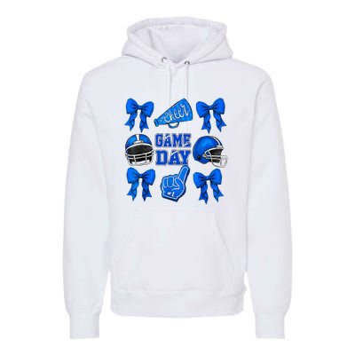 Cheer Blue Football Coquette Bow Football Mom Game Day Premium Hoodie