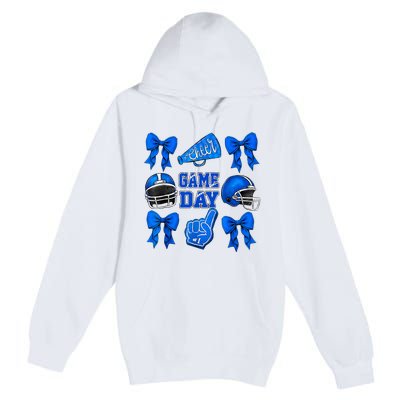 Cheer Blue Football Coquette Bow Football Mom Game Day Premium Pullover Hoodie