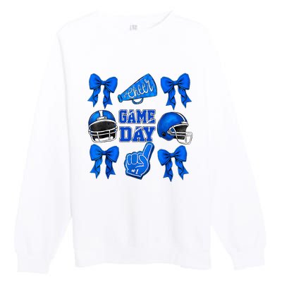 Cheer Blue Football Coquette Bow Football Mom Game Day Premium Crewneck Sweatshirt