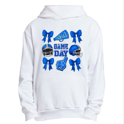 Cheer Blue Football Coquette Bow Football Mom Game Day Urban Pullover Hoodie