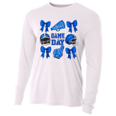 Cheer Blue Football Coquette Bow Football Mom Game Day Cooling Performance Long Sleeve Crew