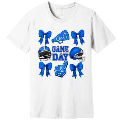 Cheer Blue Football Coquette Bow Football Mom Game Day Premium T-Shirt