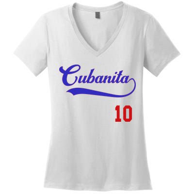 Cubanita Baseball Flag Souvenir Cubana Cuba Women Girl Women's V-Neck T-Shirt