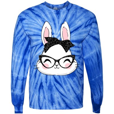 Cute Bunny Face Black Leopard Print Glasses Easter Day Cute Gift Tie-Dye Long Sleeve Shirt