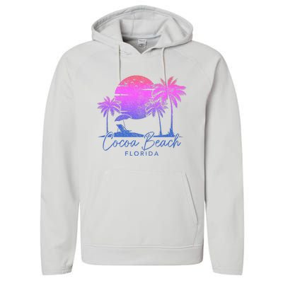 Cocoa Beach Florida Fl Surf Vintage Sunset Surfer Retro Performance Fleece Hoodie