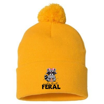 Cute But Feral Funny Colorful Racoon With Sunglasses Racoon Pom Pom 12in Knit Beanie