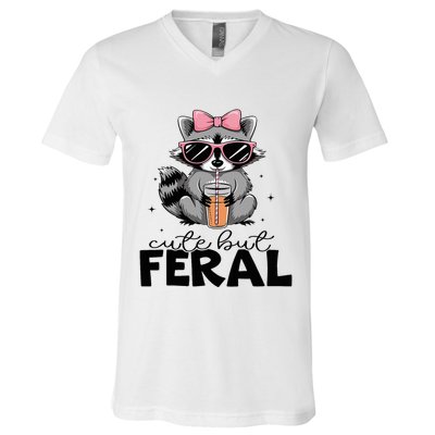 Cute But Feral Funny Colorful Racoon With Sunglasses Racoon V-Neck T-Shirt