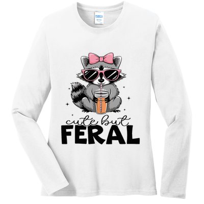 Cute But Feral Funny Colorful Racoon With Sunglasses Racoon Ladies Long Sleeve Shirt