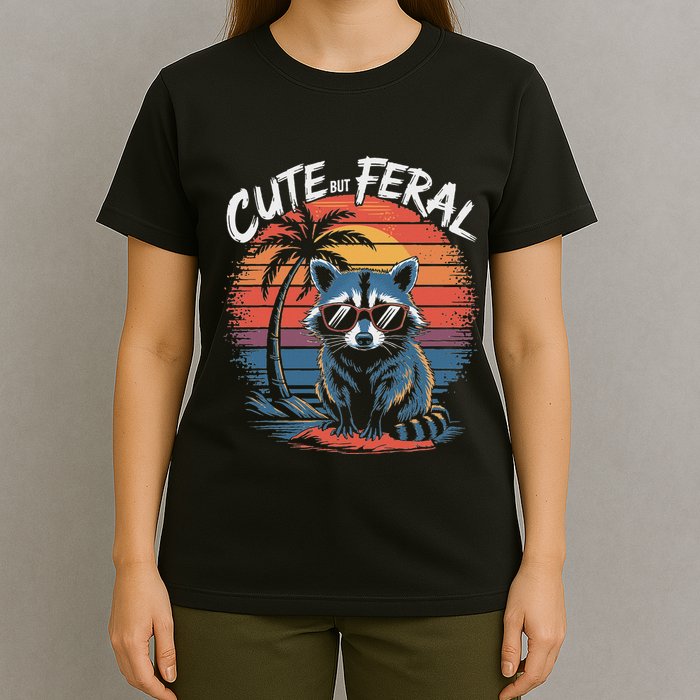 Cute But Feral Funny Colorful Racoon With Sunglasses Raccoon T-Shirt