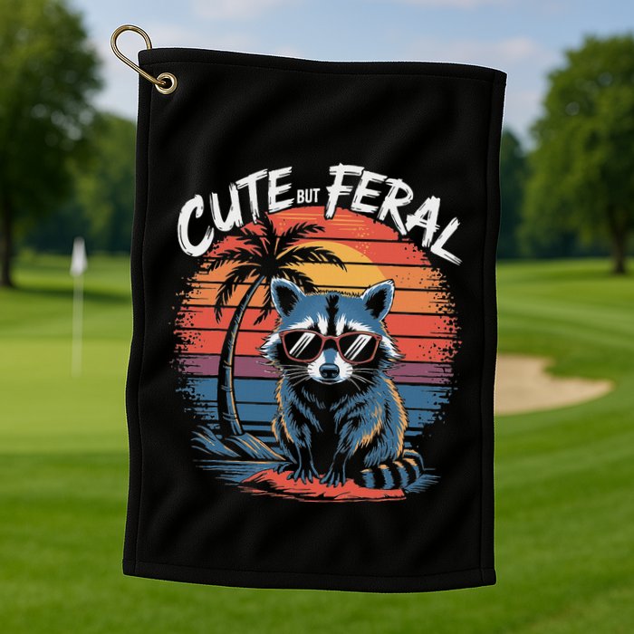 Cute But Feral Funny Colorful Racoon With Sunglasses Raccoon Golf Towel