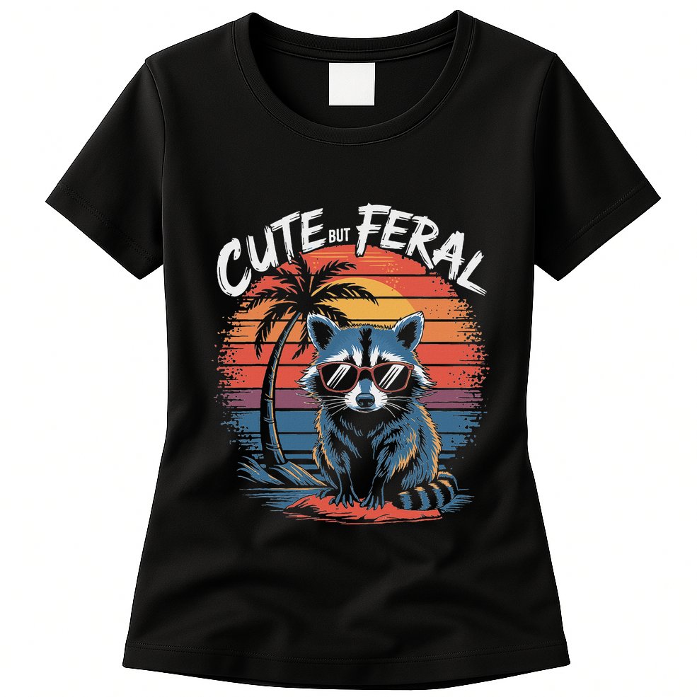 Cute But Feral Funny Colorful Racoon With Sunglasses Raccoon Womens T-Shirt