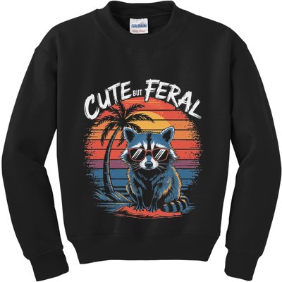 Cute But Feral Funny Colorful Racoon With Sunglasses Raccoon Kids Sweatshirt