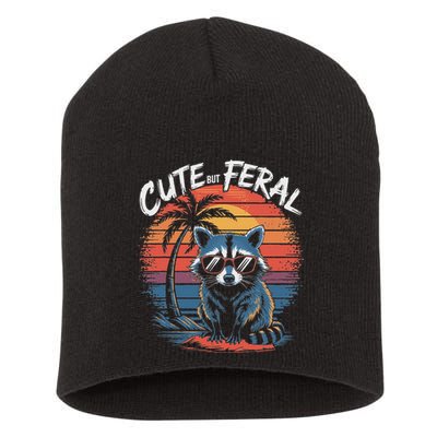 Cute But Feral Funny Colorful Racoon With Sunglasses Raccoon Short Acrylic Beanie