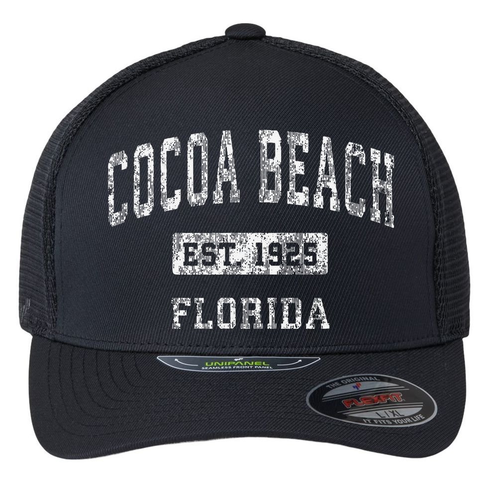 Cocoa Beach Florida Fl Vintage Established Flexfit Unipanel Trucker Cap