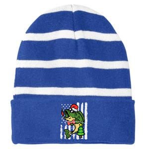 Christmas Bass Fish Us Flag Xmas Patriot Striped Beanie with Solid Band